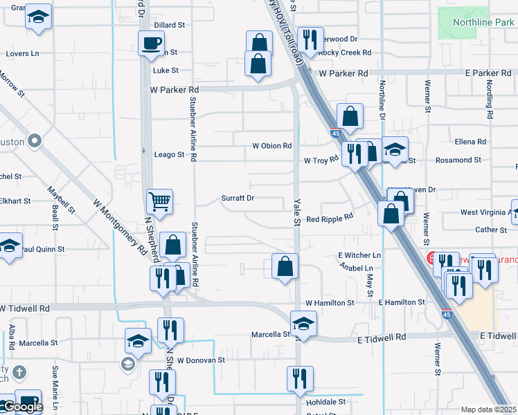 map of restaurants, bars, coffee shops, grocery stores, and more near 354 Surratt Drive in Houston