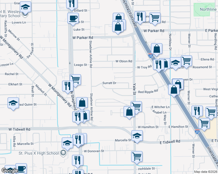 map of restaurants, bars, coffee shops, grocery stores, and more near 426 Surratt Drive in Houston