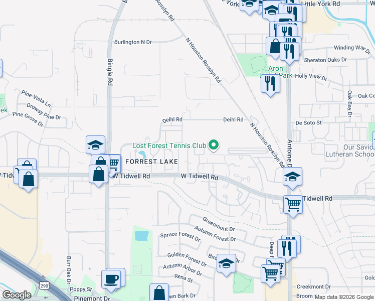 map of restaurants, bars, coffee shops, grocery stores, and more near Lumberdale Road in Houston