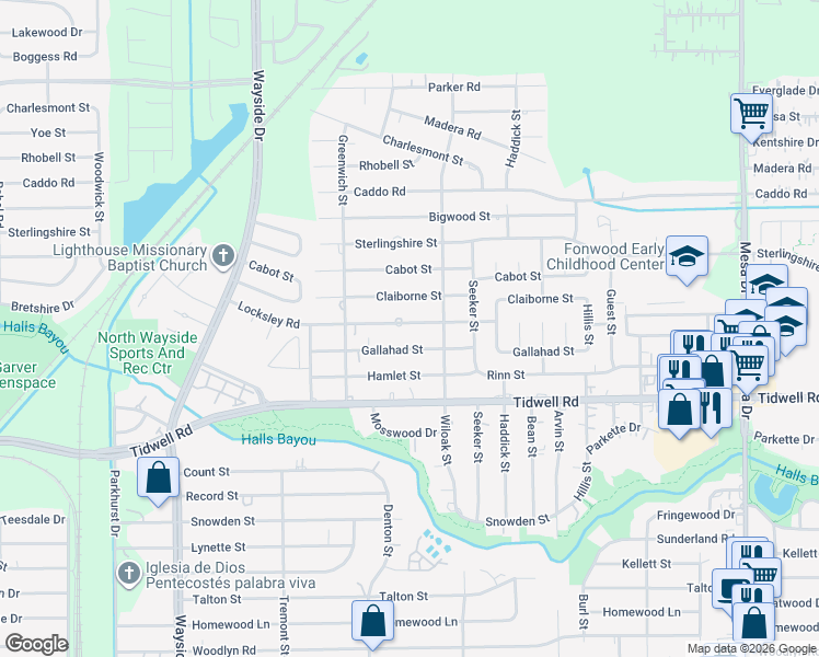 map of restaurants, bars, coffee shops, grocery stores, and more near 8213 Locksley Road in Houston