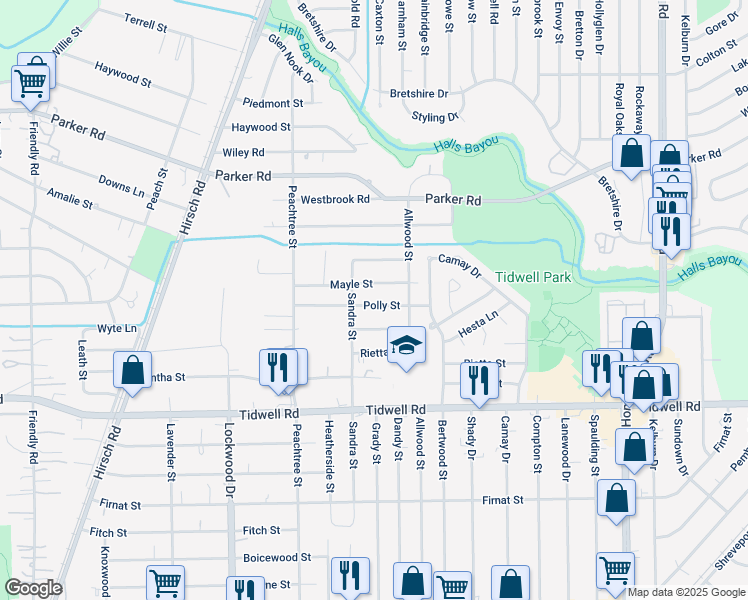 map of restaurants, bars, coffee shops, grocery stores, and more near 5713 Mayle Street in Houston