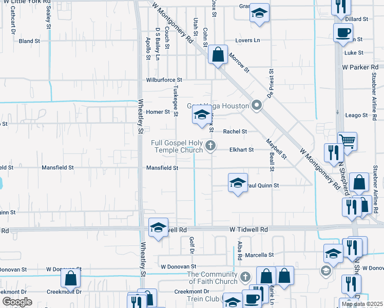map of restaurants, bars, coffee shops, grocery stores, and more near 6100 Knox Street in Houston