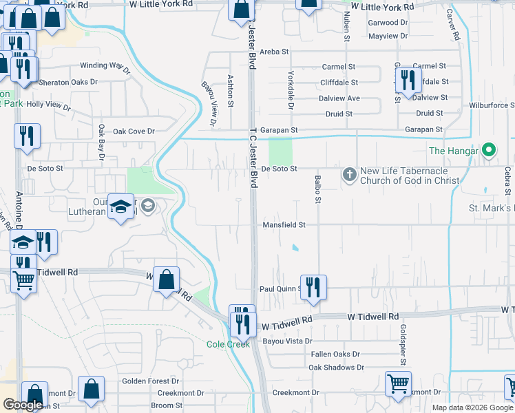 map of restaurants, bars, coffee shops, grocery stores, and more near 3425 De Soto Street in Houston