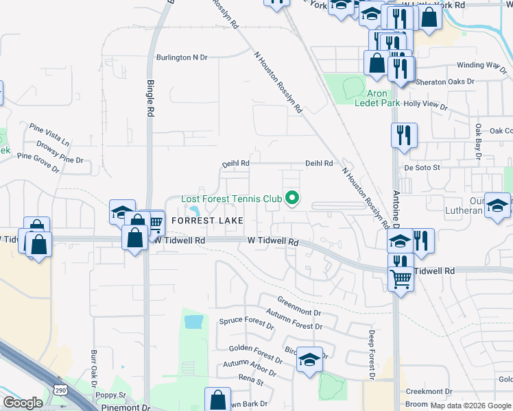 map of restaurants, bars, coffee shops, grocery stores, and more near Lumberdale Road in Houston