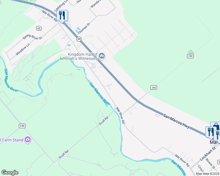 map of restaurants, bars, coffee shops, grocery stores, and more near 600 Northwest River Road in Martindale