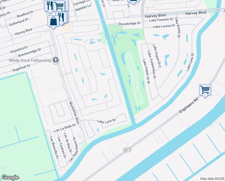 map of restaurants, bars, coffee shops, grocery stores, and more near 3812 Lake Providence Drive in Harvey