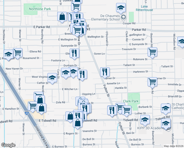 map of restaurants, bars, coffee shops, grocery stores, and more near 10117 Fulton Street in Houston