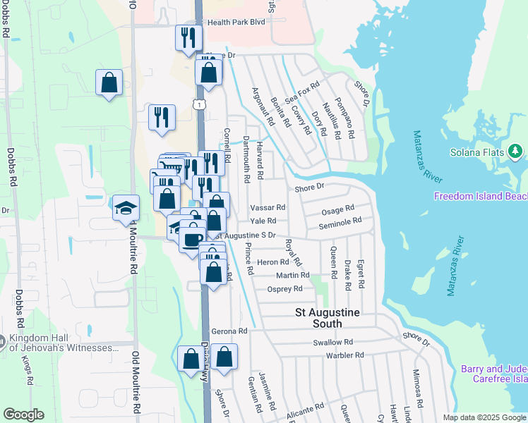 map of restaurants, bars, coffee shops, grocery stores, and more near 103 Vassar Road in St. Augustine