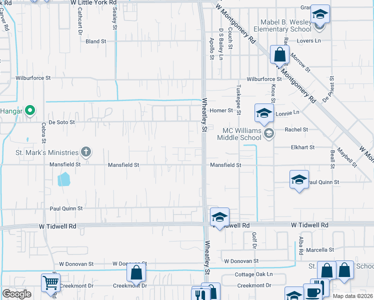 map of restaurants, bars, coffee shops, grocery stores, and more near 6005 Wheatley Street in Houston