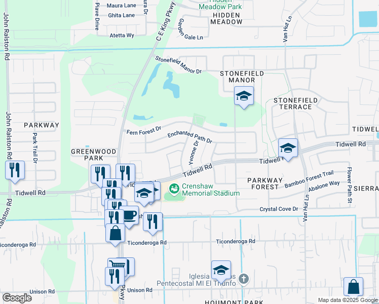 map of restaurants, bars, coffee shops, grocery stores, and more near 8735 Yvonne Drive in Houston