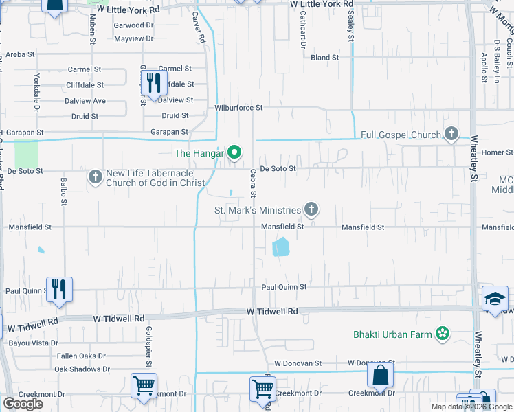 map of restaurants, bars, coffee shops, grocery stores, and more near 5922 Cebra Street in Houston