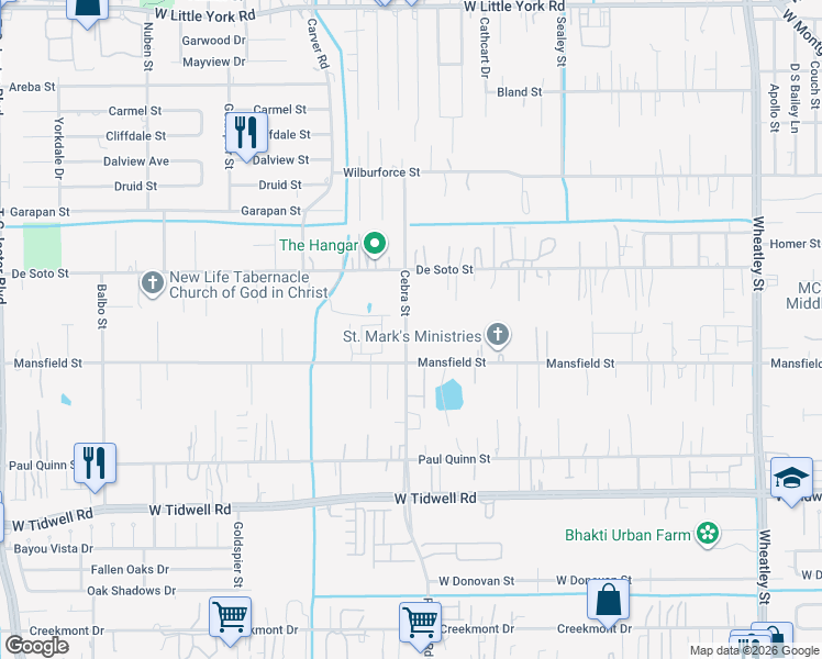 map of restaurants, bars, coffee shops, grocery stores, and more near 5922 Cebra Street in Houston