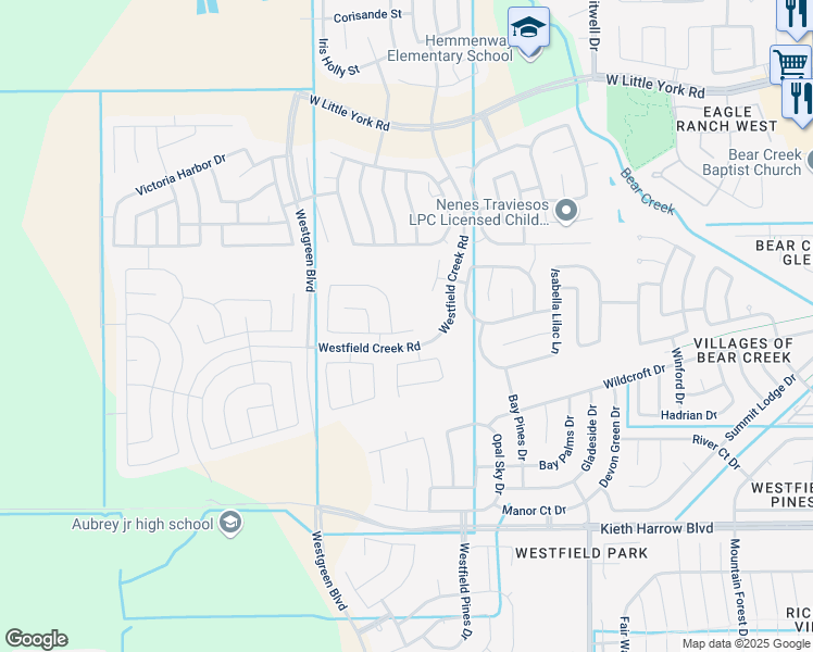 map of restaurants, bars, coffee shops, grocery stores, and more near 5202 Jasmine Valley Court in Katy