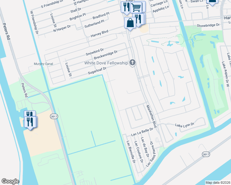 map of restaurants, bars, coffee shops, grocery stores, and more near 3801 Aspen Drive in Harvey