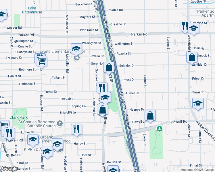 map of restaurants, bars, coffee shops, grocery stores, and more near 10125 Irvington Boulevard in Houston