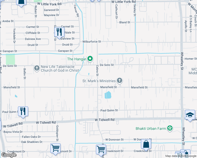 map of restaurants, bars, coffee shops, grocery stores, and more near 5922 Cebra Street in Houston