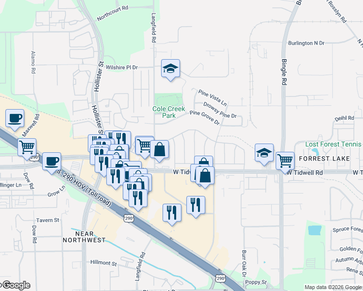 map of restaurants, bars, coffee shops, grocery stores, and more near 5847 Shurmard Drive in Houston