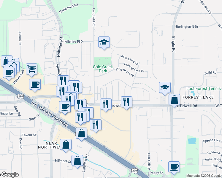 map of restaurants, bars, coffee shops, grocery stores, and more near 5847 Shurmard Drive in Houston