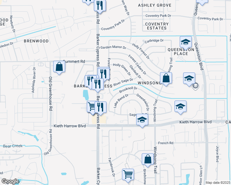map of restaurants, bars, coffee shops, grocery stores, and more near 18154 Brooknoll Drive in Houston