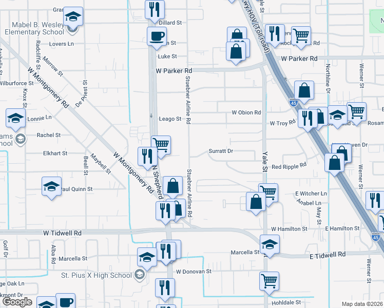 map of restaurants, bars, coffee shops, grocery stores, and more near 526 Surratt Drive in Houston