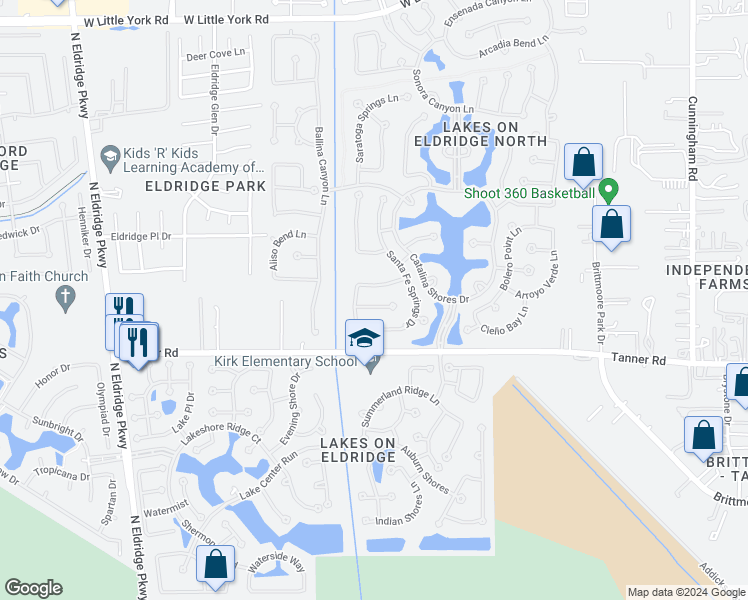 map of restaurants, bars, coffee shops, grocery stores, and more near 12218 Cabo Blanco Court in Houston
