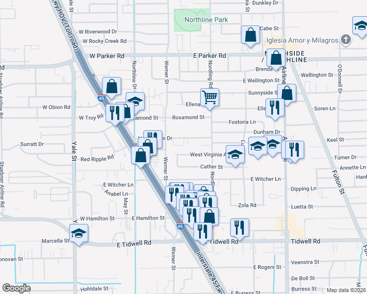 map of restaurants, bars, coffee shops, grocery stores, and more near 414 New Haven Drive in Houston