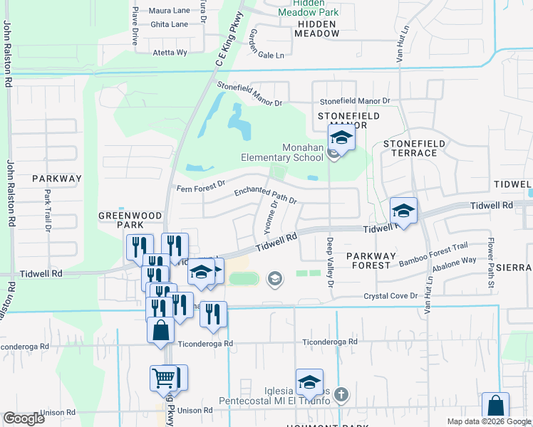 map of restaurants, bars, coffee shops, grocery stores, and more near 8739 Yvonne Drive in Houston