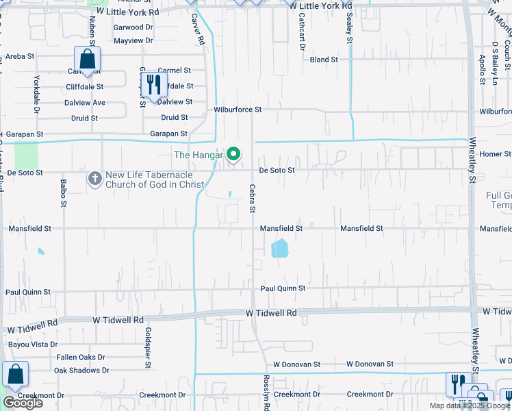 map of restaurants, bars, coffee shops, grocery stores, and more near 5922 Cebra Street in Houston