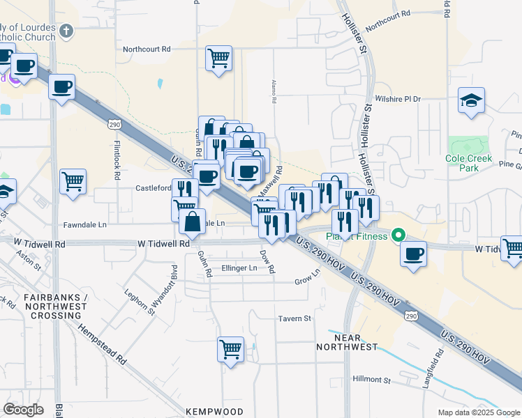 map of restaurants, bars, coffee shops, grocery stores, and more near 13494 Northwest Freeway in Houston