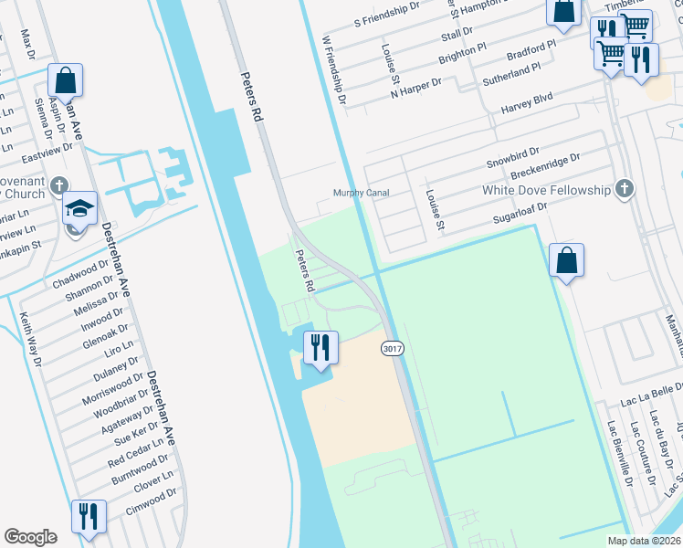 map of restaurants, bars, coffee shops, grocery stores, and more near 3826 Peters Road in Harvey
