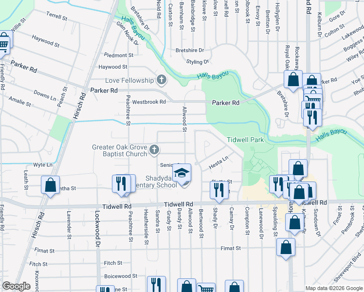 map of restaurants, bars, coffee shops, grocery stores, and more near 5914 Mayle Street in Houston