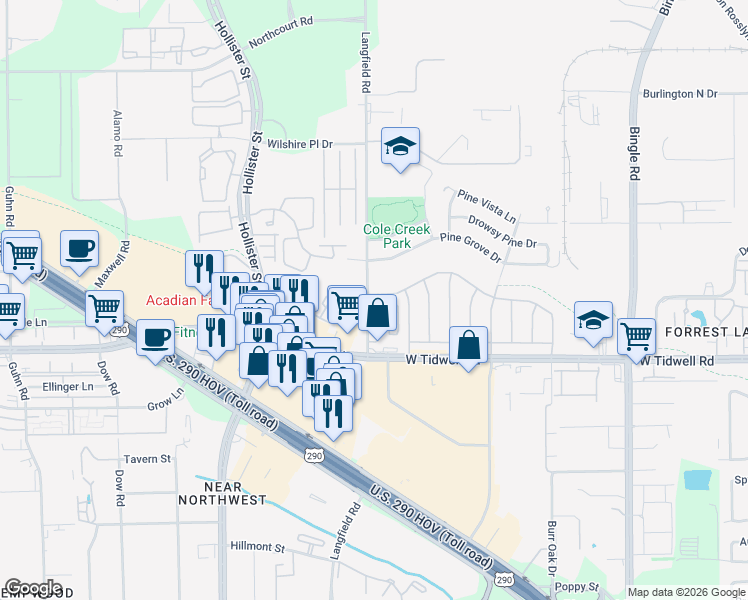 map of restaurants, bars, coffee shops, grocery stores, and more near 5862 Langfield Road in Houston