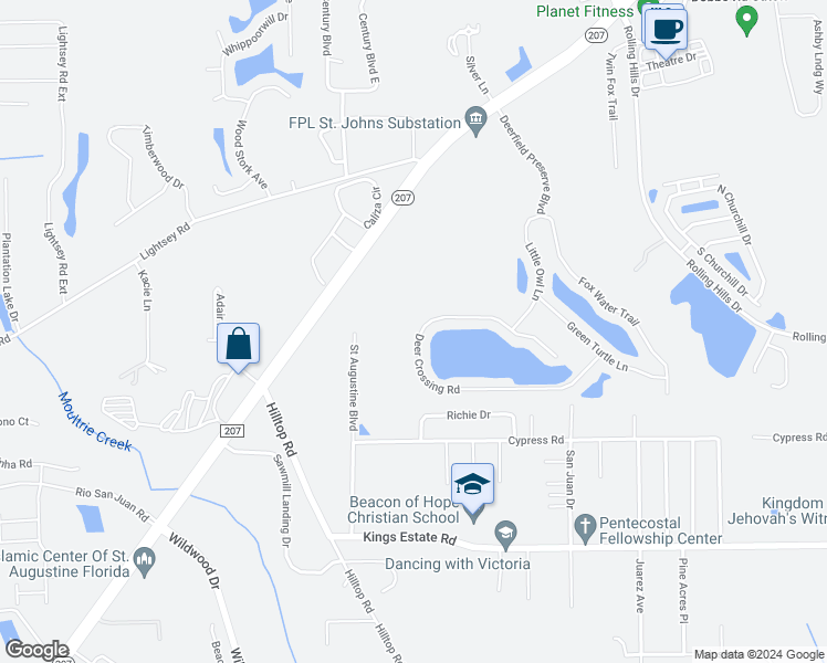 map of restaurants, bars, coffee shops, grocery stores, and more near 575 Deer Crossing Road in St. Augustine