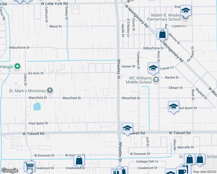 map of restaurants, bars, coffee shops, grocery stores, and more near 6005 Wheatley Street in Houston