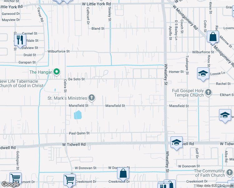 map of restaurants, bars, coffee shops, grocery stores, and more near 6009 Midgeley Street in Houston