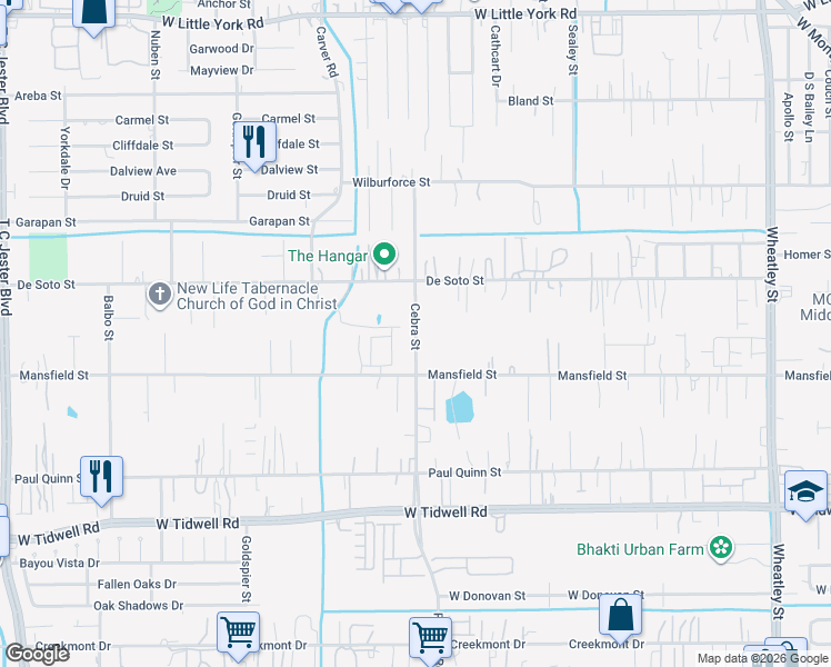map of restaurants, bars, coffee shops, grocery stores, and more near 5922 Cebra Street in Houston