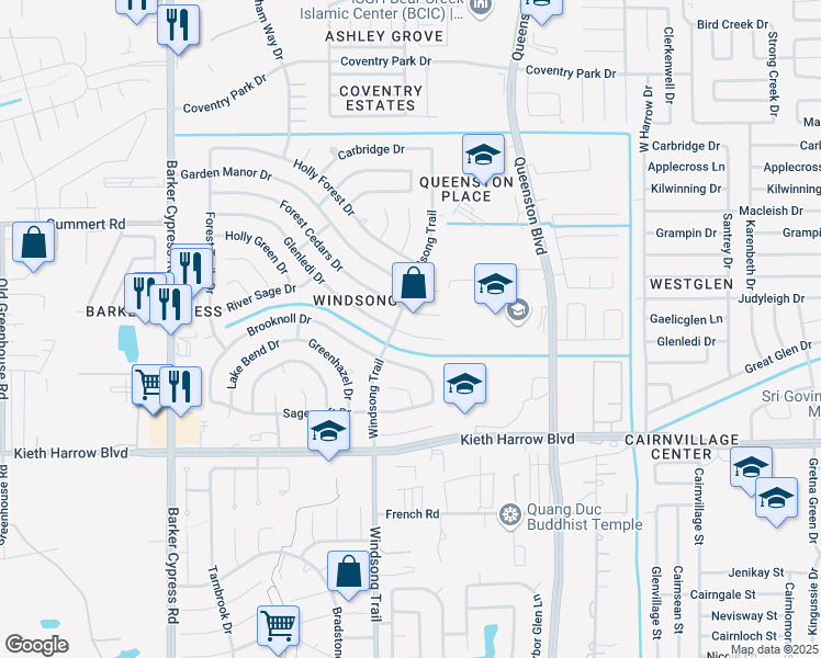map of restaurants, bars, coffee shops, grocery stores, and more near 18002 Glenledi Drive in Houston