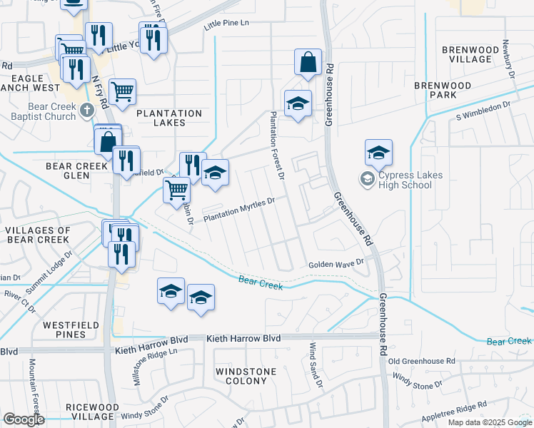 map of restaurants, bars, coffee shops, grocery stores, and more near 20019 Ravenmeadow Lane in Katy