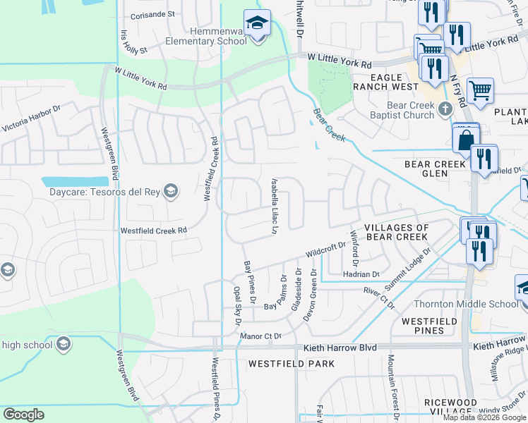 map of restaurants, bars, coffee shops, grocery stores, and more near 20515 Andorra Hills Lane in Katy
