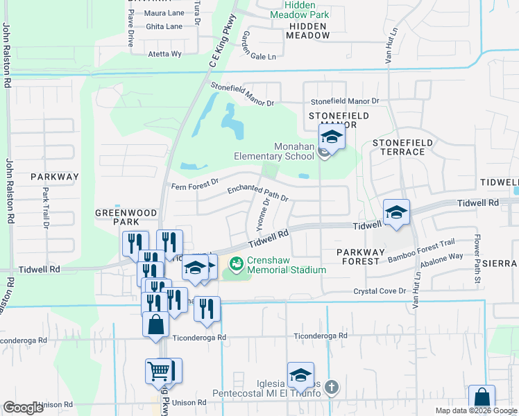 map of restaurants, bars, coffee shops, grocery stores, and more near 8747 Yvonne Drive in Houston
