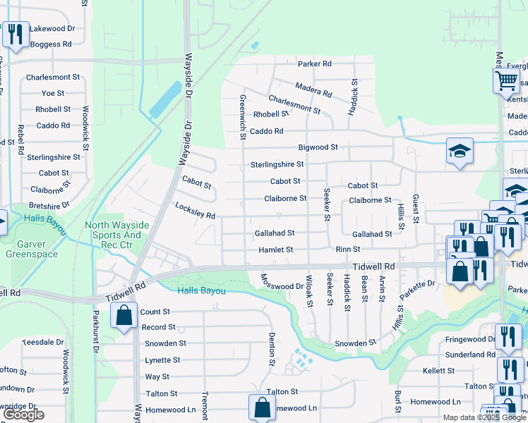 map of restaurants, bars, coffee shops, grocery stores, and more near 8117 Locksley Road in Houston