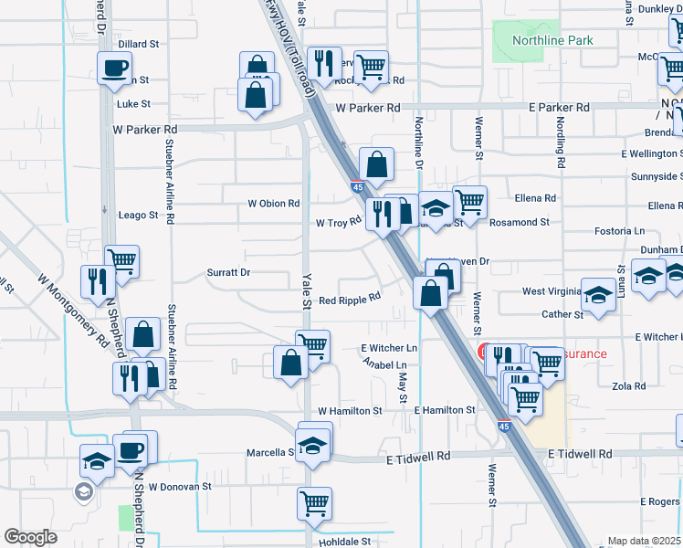 map of restaurants, bars, coffee shops, grocery stores, and more near 214 Floradora Lane in Houston