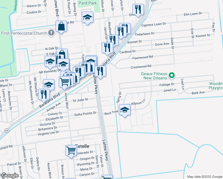 map of restaurants, bars, coffee shops, grocery stores, and more near 2601 Deutsch Road in Marrero