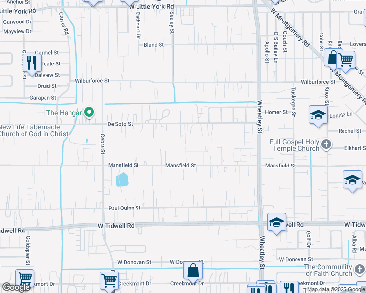 map of restaurants, bars, coffee shops, grocery stores, and more near 6009 Midgeley Street in Houston