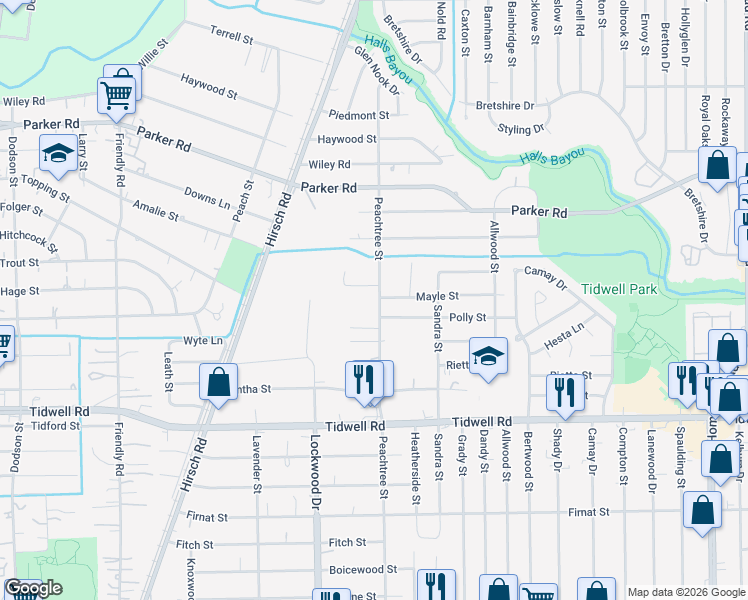 map of restaurants, bars, coffee shops, grocery stores, and more near 5205 Mayle Street in Houston
