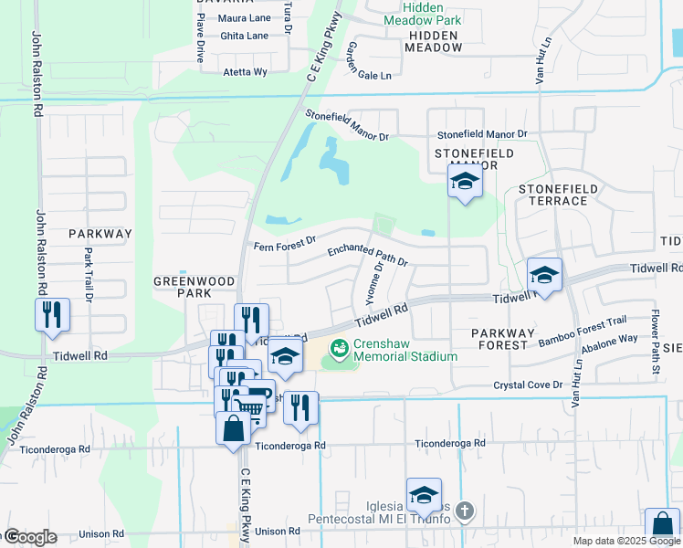 map of restaurants, bars, coffee shops, grocery stores, and more near 12614 Drifting Winds Drive in Houston