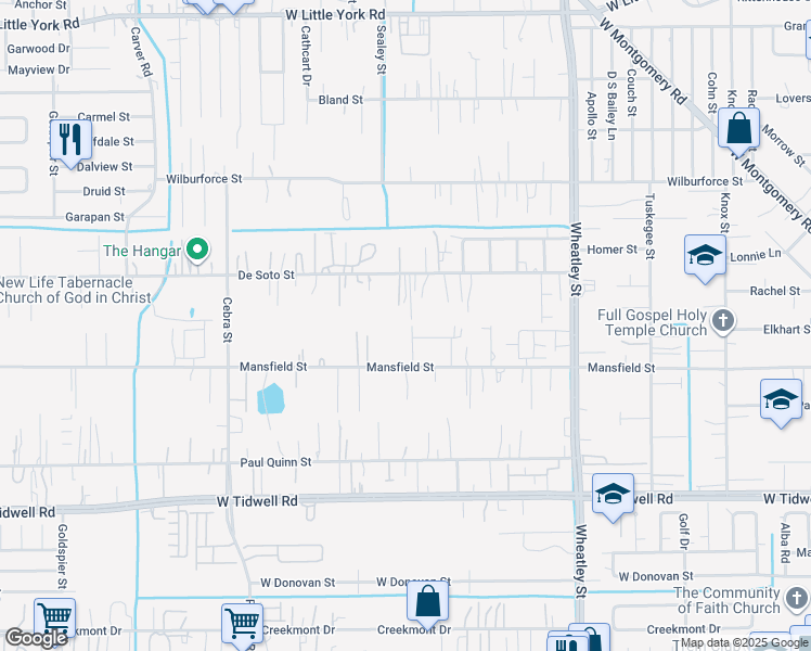 map of restaurants, bars, coffee shops, grocery stores, and more near 6009 Midgeley Street in Houston