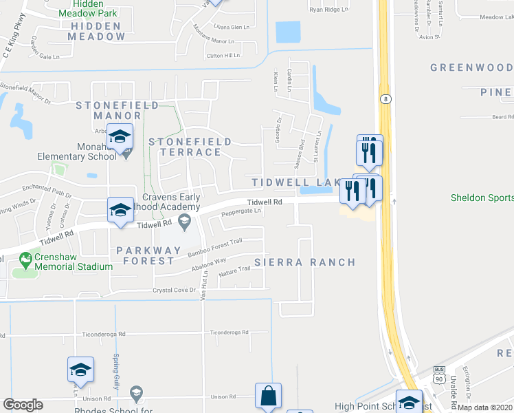 map of restaurants, bars, coffee shops, grocery stores, and more near 13167 Peppergate Lane in Houston