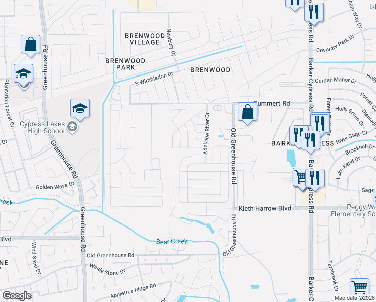 map of restaurants, bars, coffee shops, grocery stores, and more near 5711 Esk River Trail in Katy