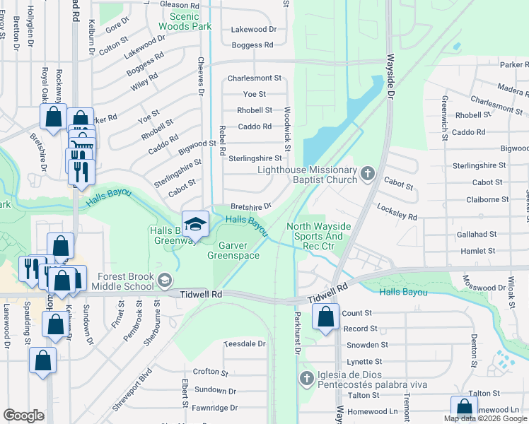 map of restaurants, bars, coffee shops, grocery stores, and more near 7704 Bretshire Drive in Houston